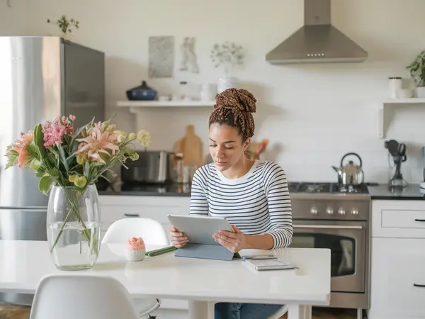 Homeowner reviewing cleaning service quotes on a tablet at a kitchen table
