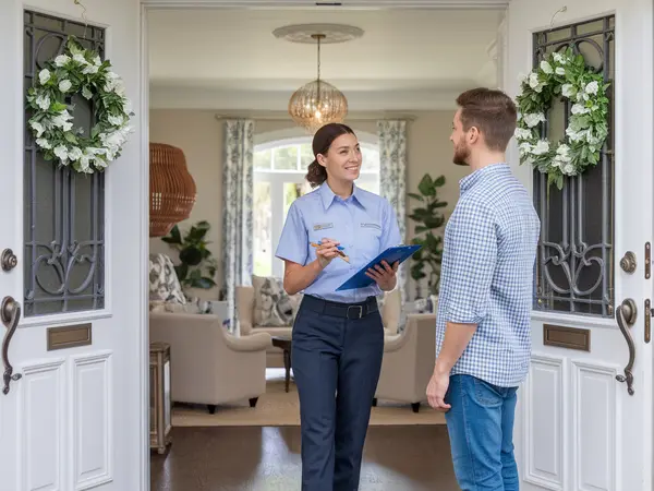 Cleaning professional reviewing service details with homeowner