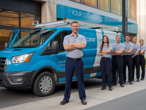 Successful cleaning business owner standing in front of growing company